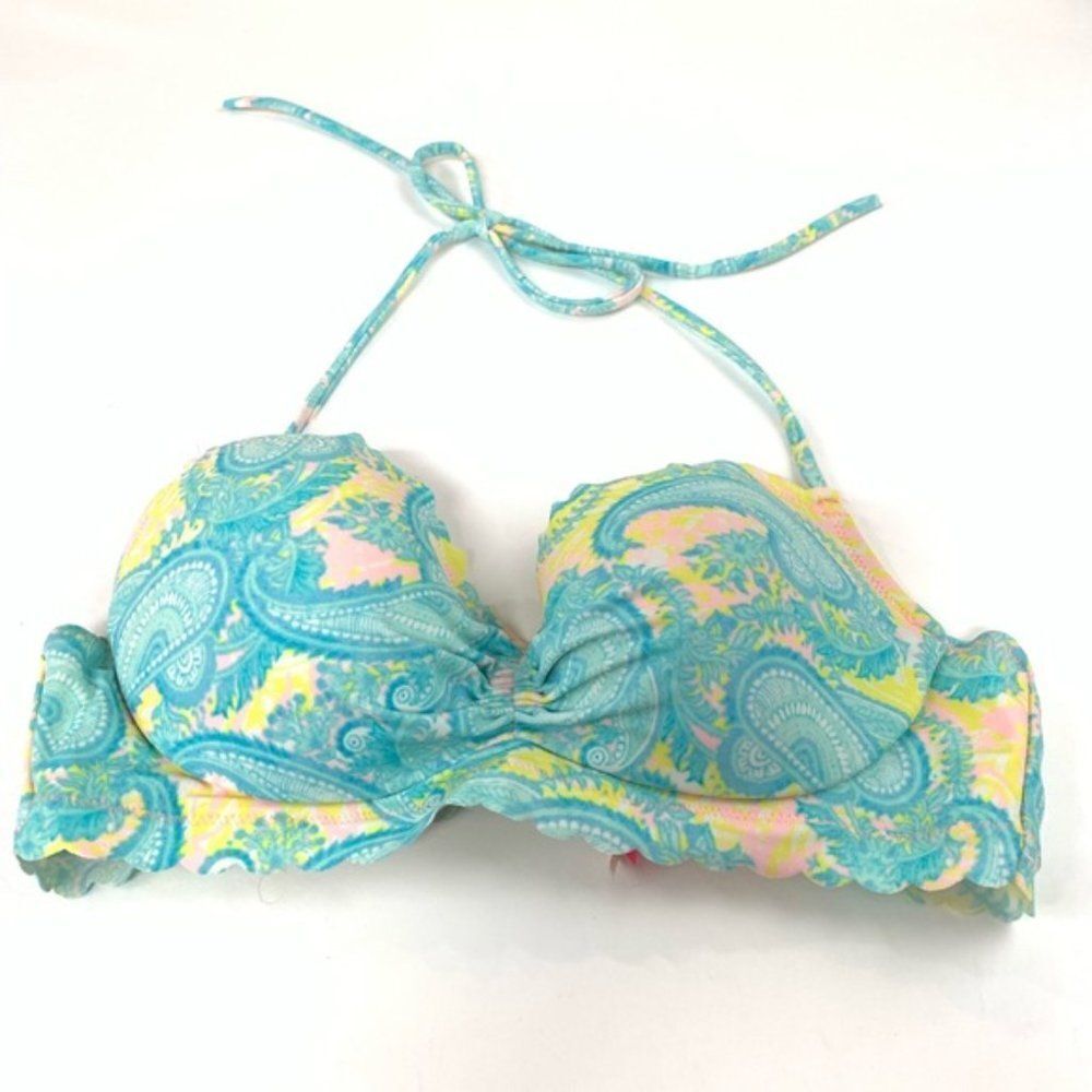 Victoria's Secret Women Blue & Yellow Floral Underwire Getaway Halter Bikini Top